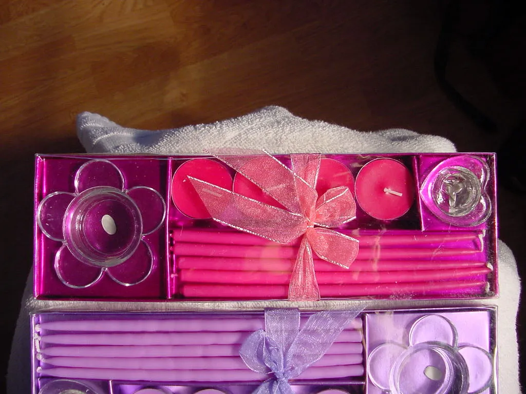 LOT 2-SETS WHITE or FUCHSIA PINK or PURPLE CANDLE HOLDERS CANDLES TAPERS TEALIGHTS