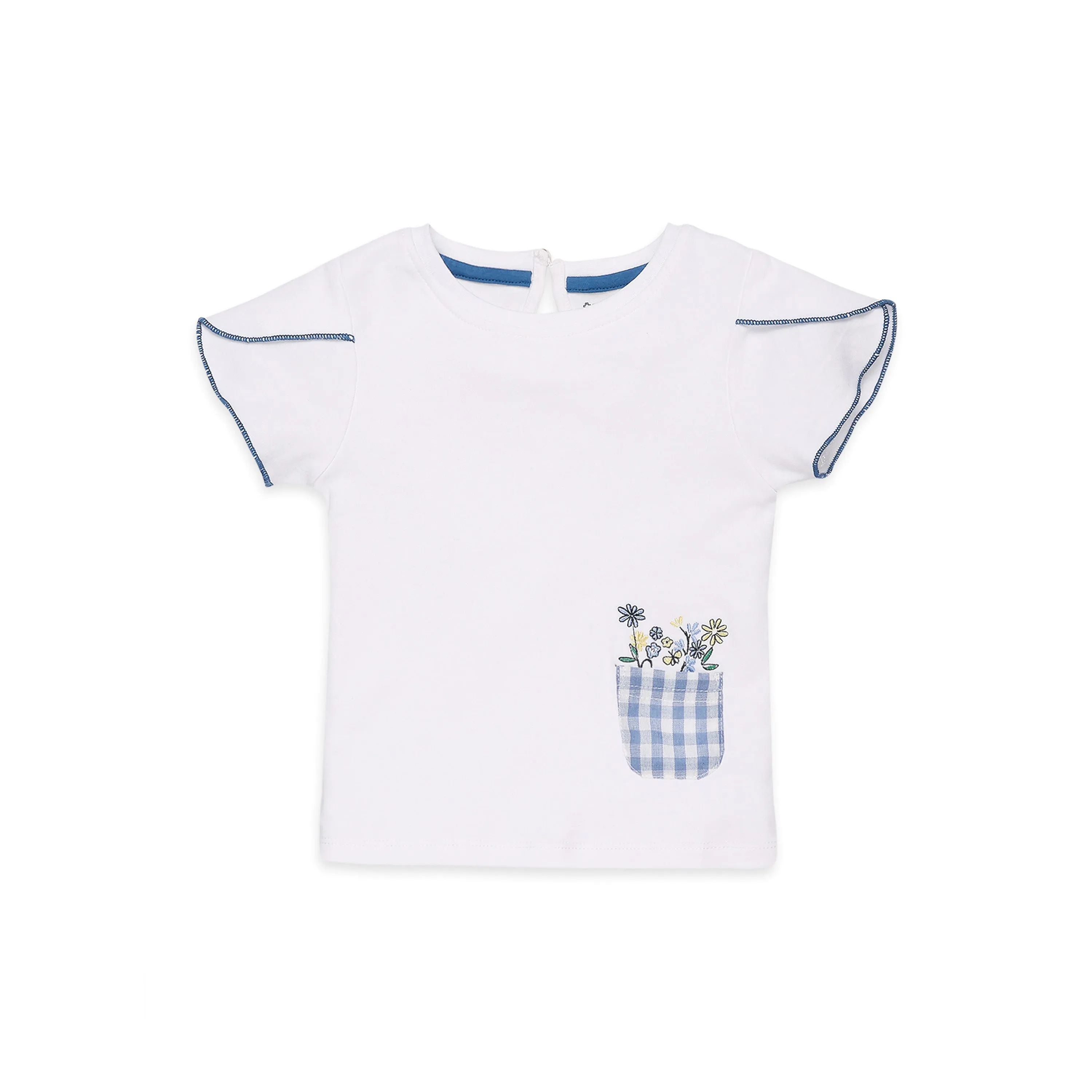 My Milestones 100% Cotton Tulip Sleeve Tee With Ruffle Gingham Shorts & Hairband - White & Blue
