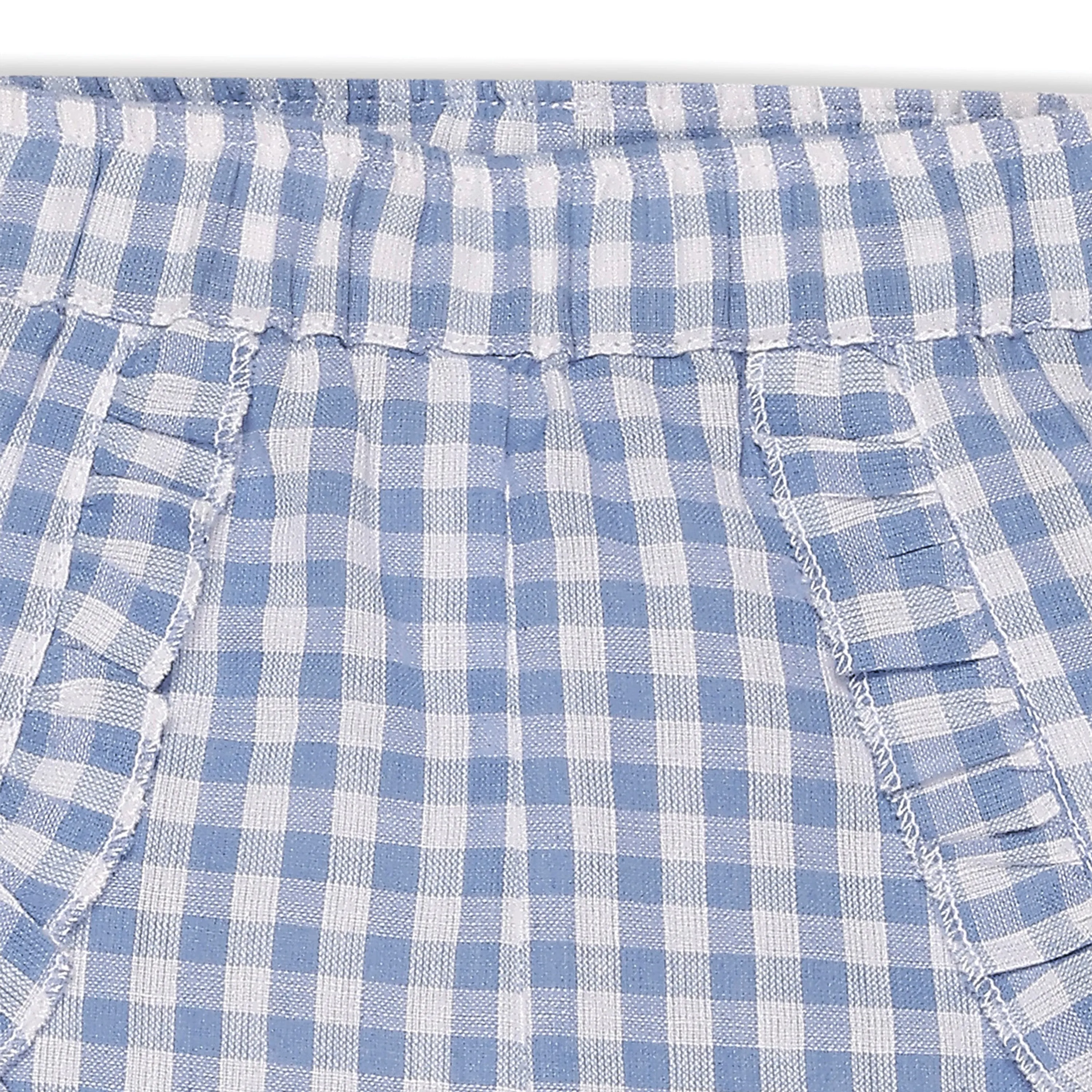 My Milestones 100% Cotton Tulip Sleeve Tee With Ruffle Gingham Shorts & Hairband - White & Blue