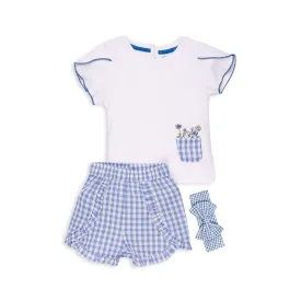 My Milestones 100% Cotton Tulip Sleeve Tee With Ruffle Gingham Shorts & Hairband - White & Blue