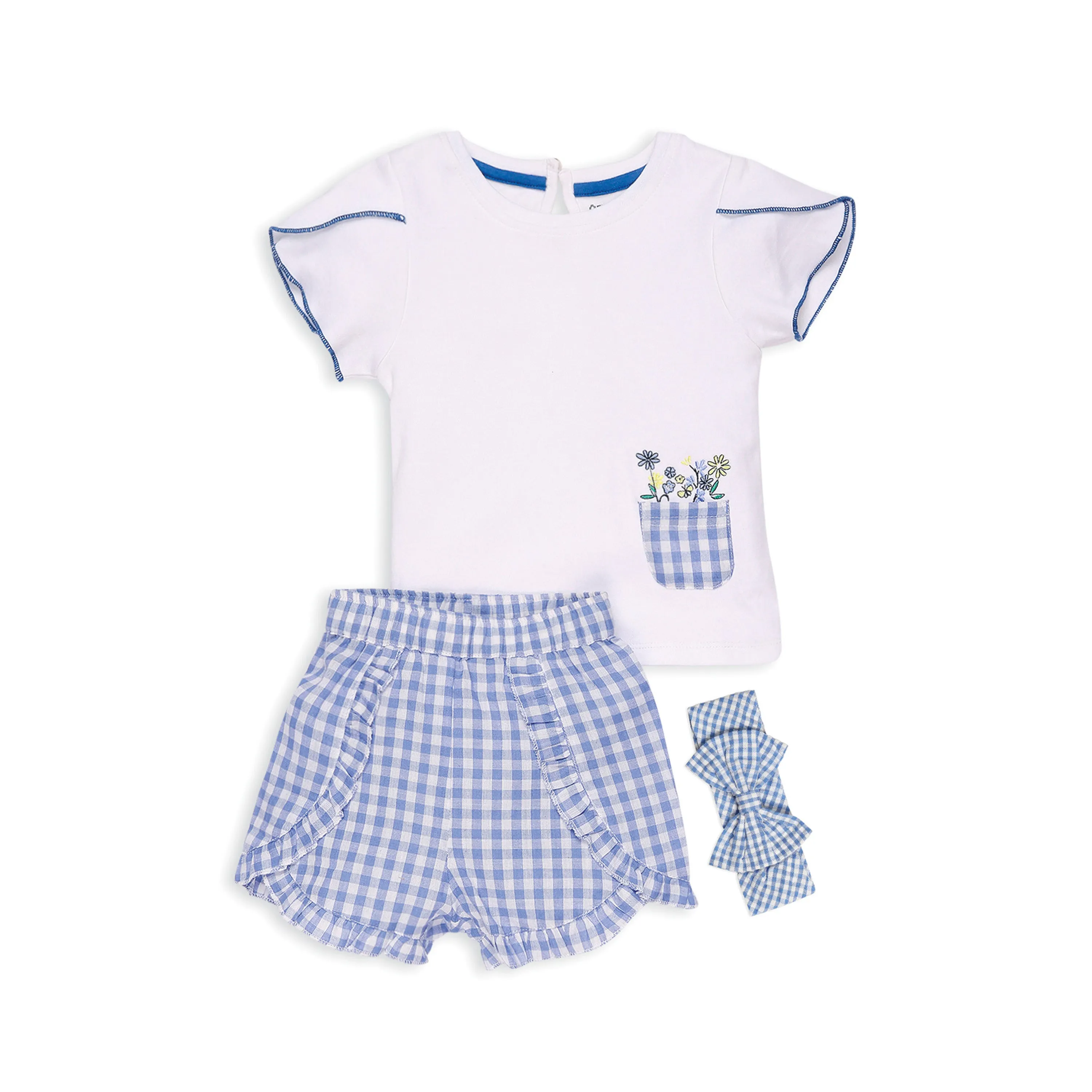 My Milestones 100% Cotton Tulip Sleeve Tee With Ruffle Gingham Shorts & Hairband - White & Blue
