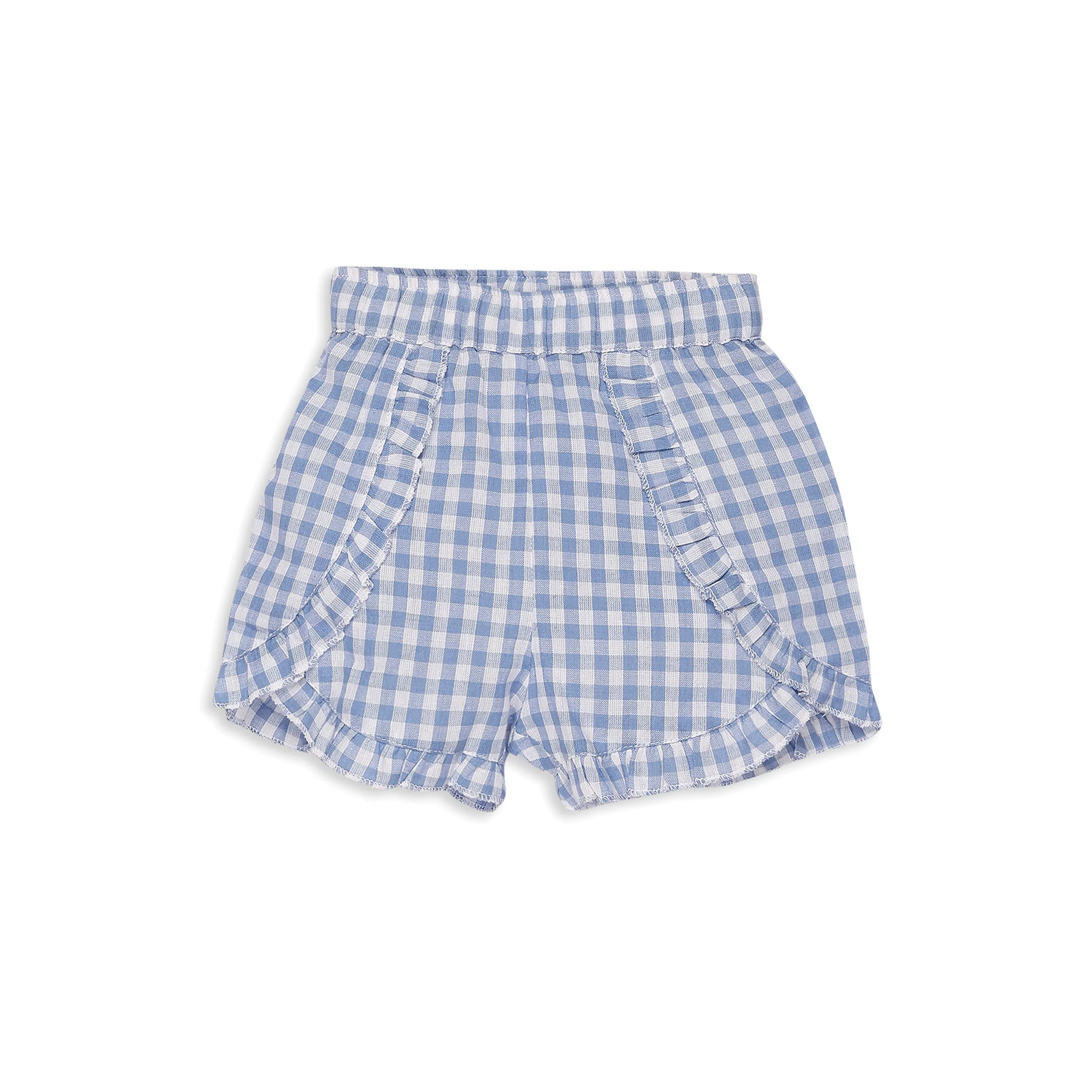 My Milestones 100% Cotton Tulip Sleeve Tee With Ruffle Gingham Shorts & Hairband - White & Blue